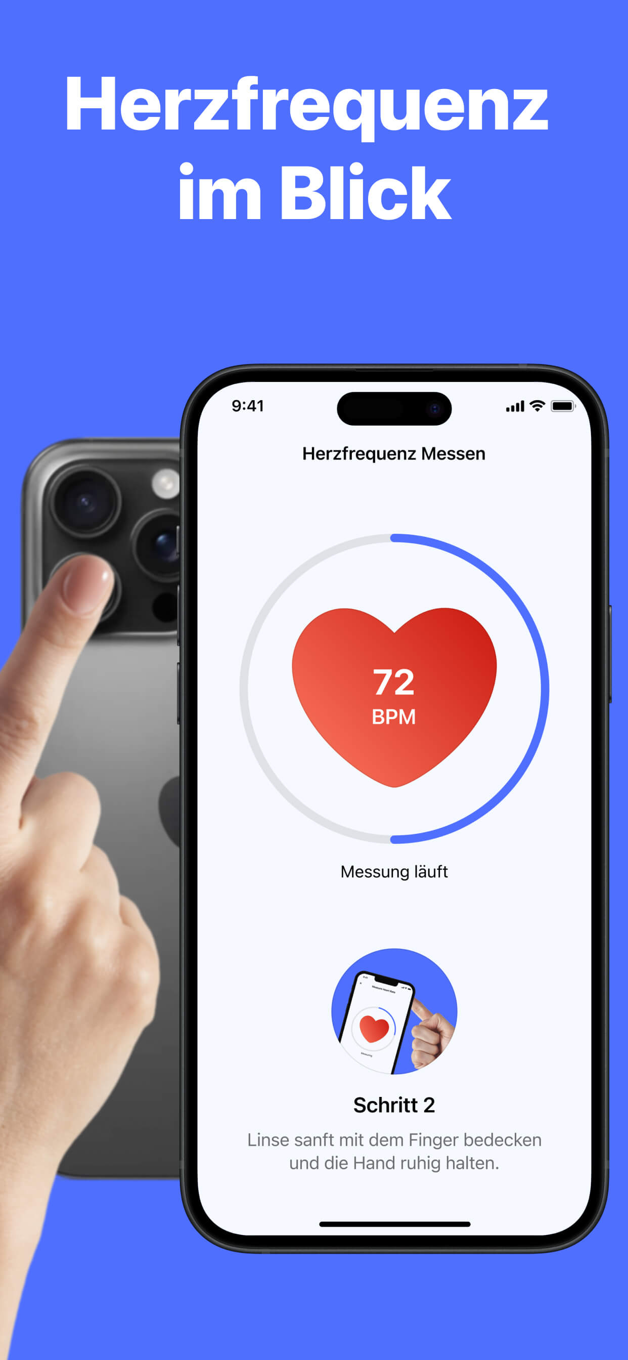 Heart Health misst die Herzfrequenz auf dem iPhone und zeigt 72 BPM