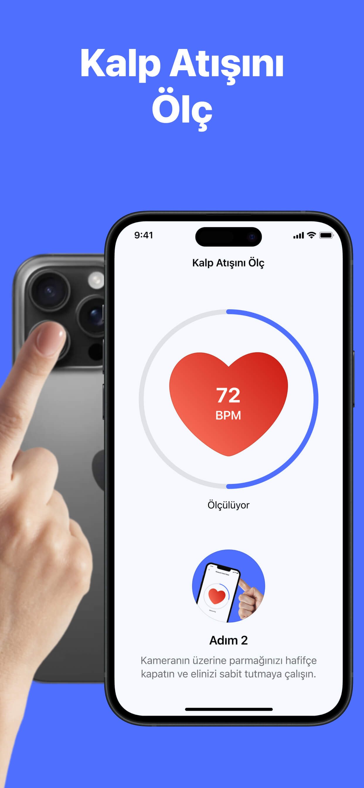 Heart Health uygulaması iPhone'da nabzı ölçüyor, 72 BPM gösteriyor