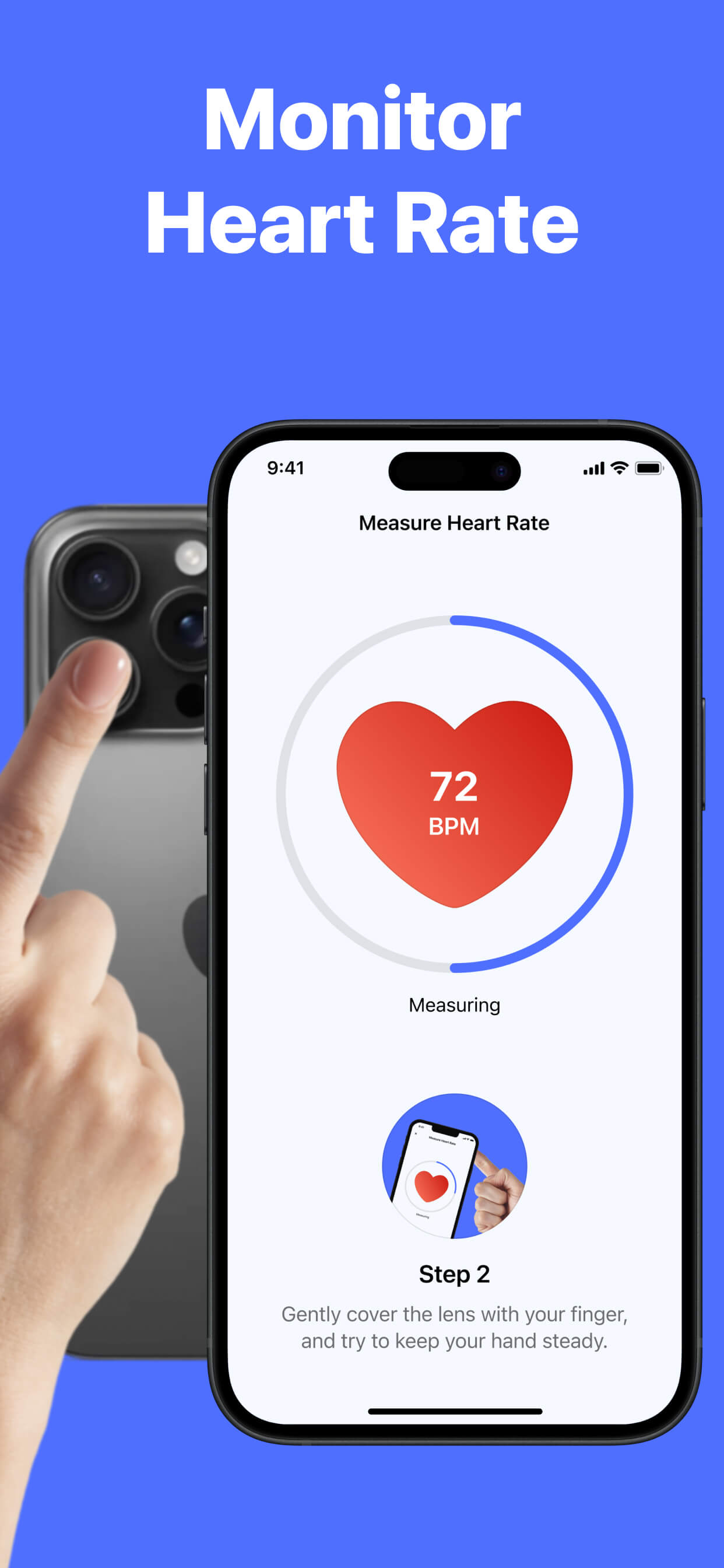 Heart Health app measuring heart rate on iPhone, showing 72 BPM
